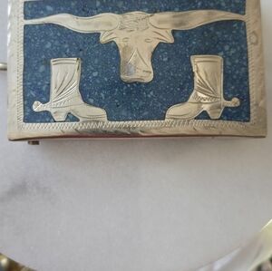 Vintage Aplaca Mexico Stamped Silver Tone LONGHORN AND BOOTS  belt buckle